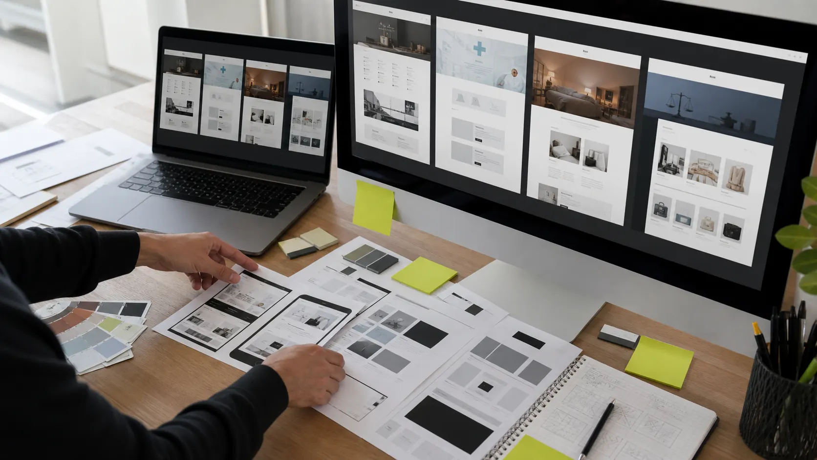 Website concept planning materials, wireframes, and visual references arranged on a studio table