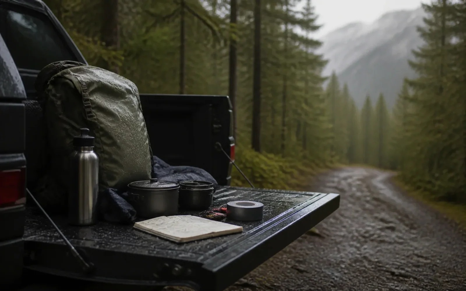 Used outdoor gear and field notes arranged on a vehicle tailgate near a forest trail