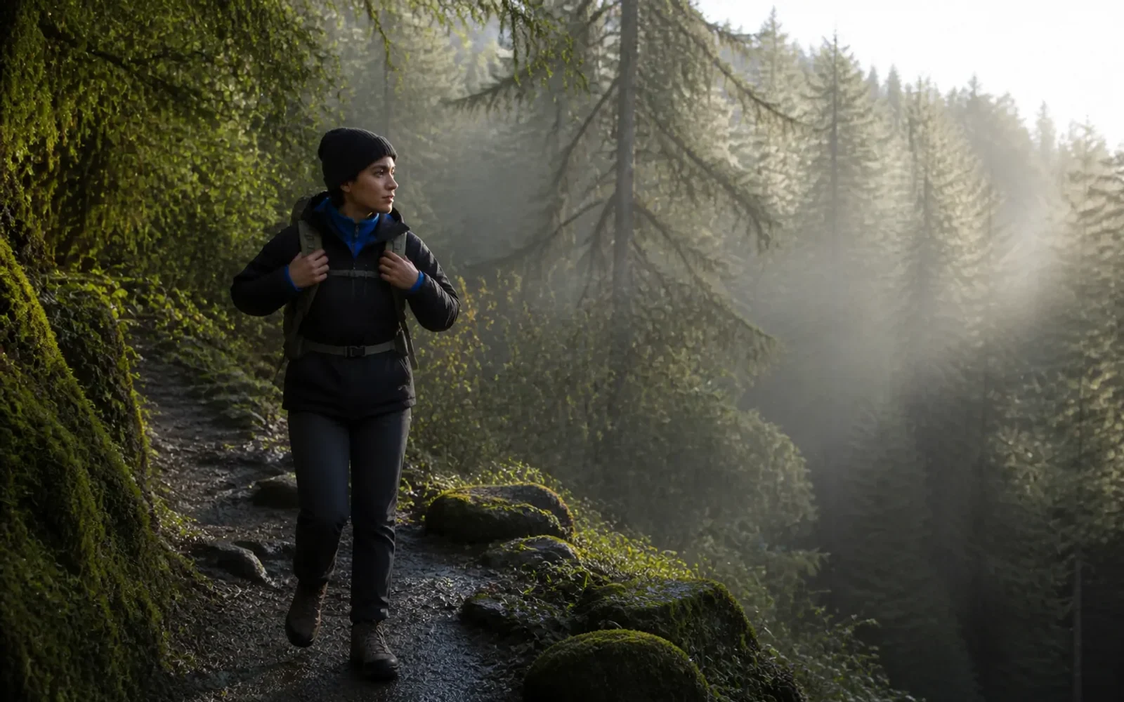 Hiker adjusting a daypack while moving along a misty British Columbia forest trail