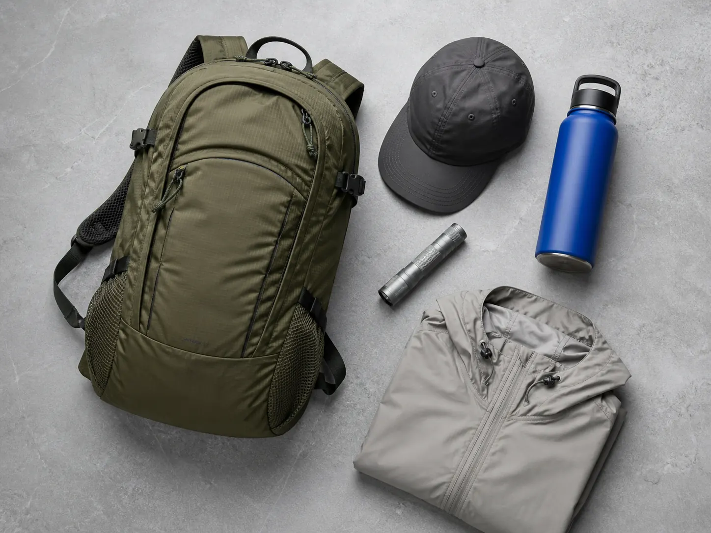 Outdoor daypack, metal bottle, cap, and utility pouch arranged as a sample product collection