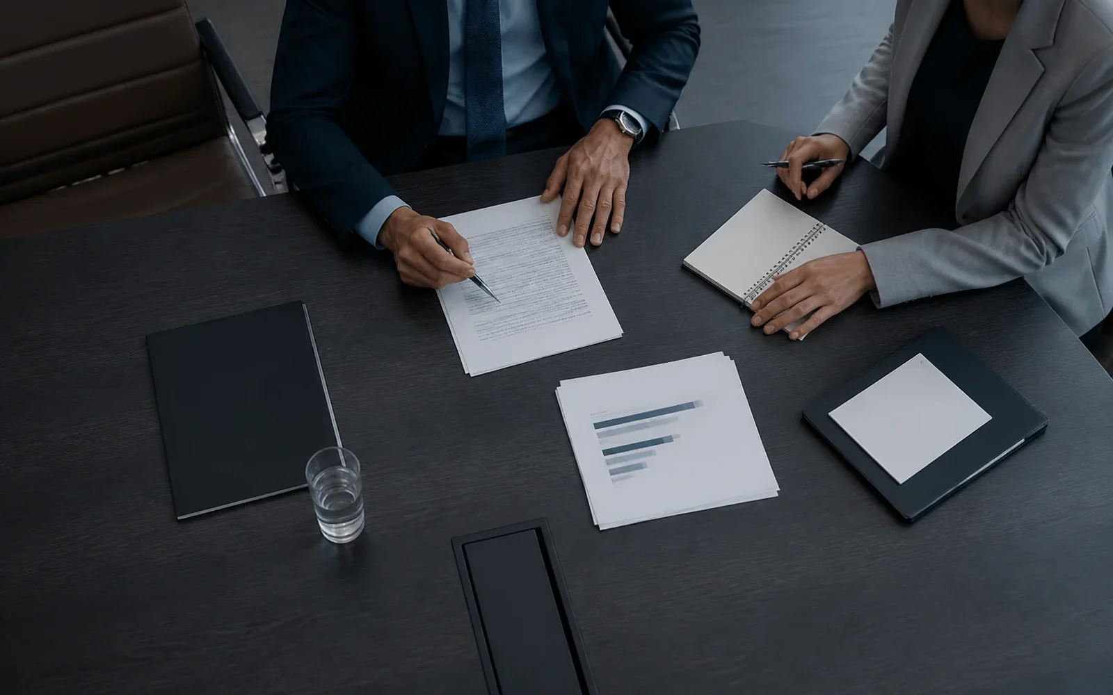 Legal professionals organizing an agreement, risk note, and action list on a boardroom table