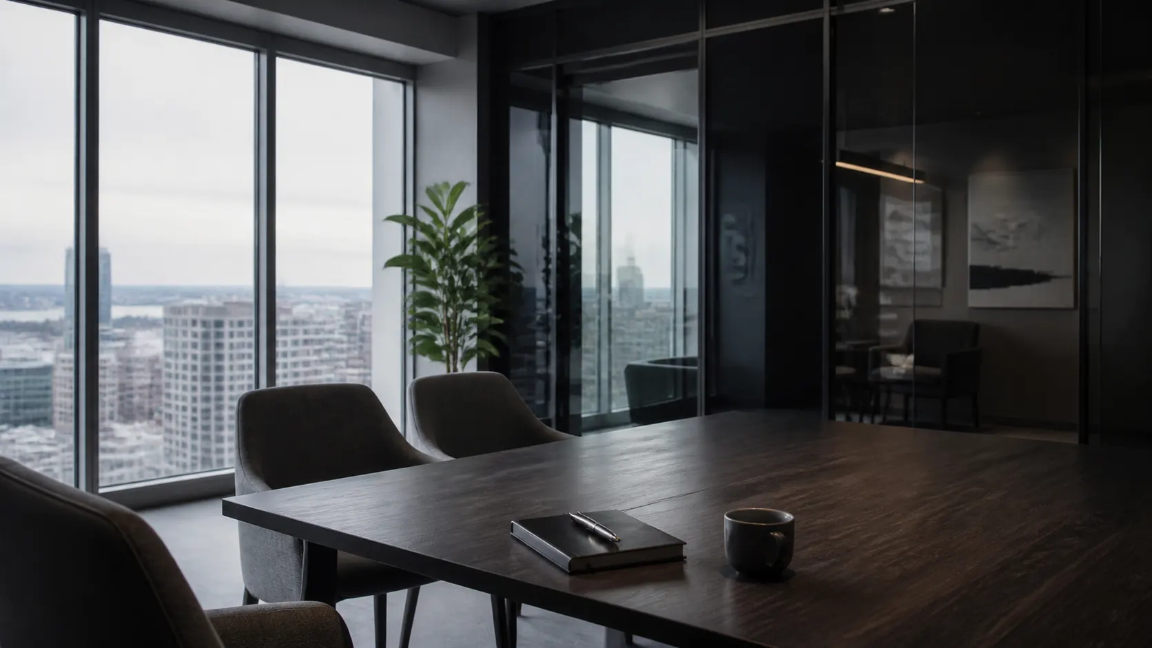 Quiet contemporary meeting room prepared for a client conversation