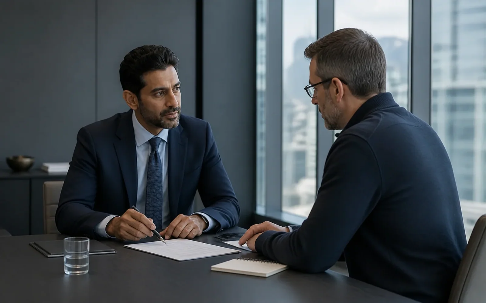 Business lawyer and owner reviewing an agreement in a modern meeting room
