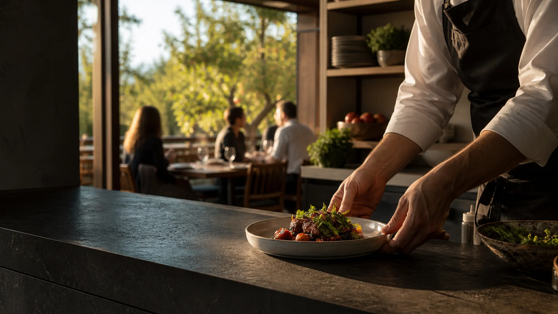 Chef plating a seasonal dish in a warm open kitchen
