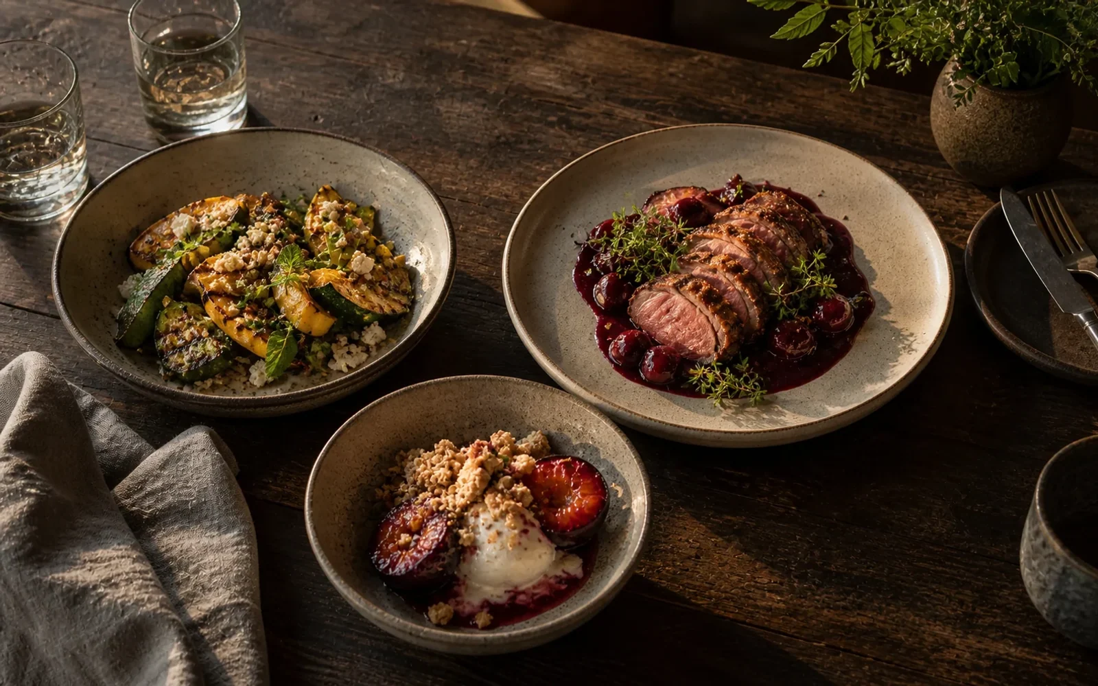 Three seasonal restaurant dishes arranged on a dark wood table