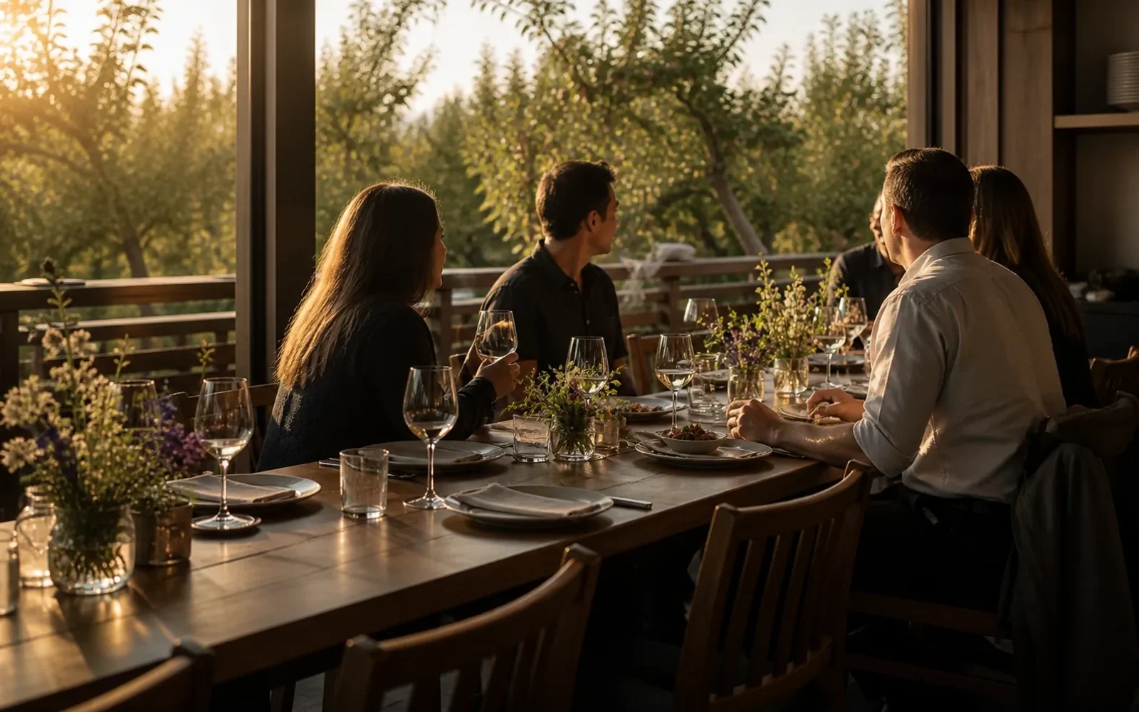 Long restaurant table set beside open windows overlooking an orchard at golden hour