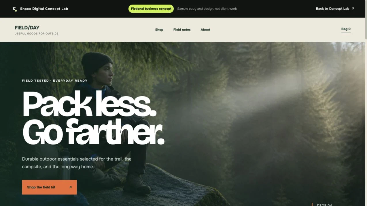 Live homepage preview of the fictional Fieldday Supply ecommerce website concept