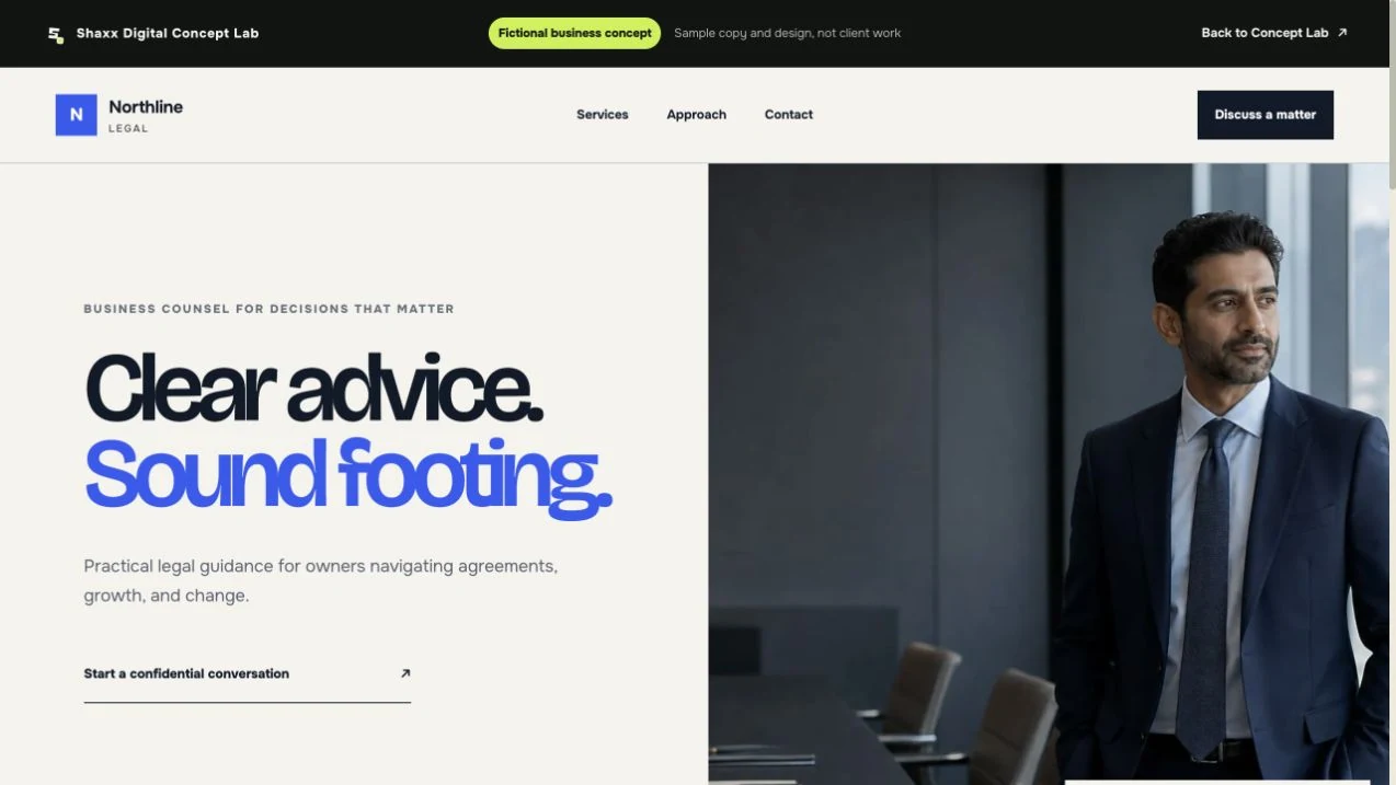 Live homepage preview of the fictional Northline Legal professional services website concept