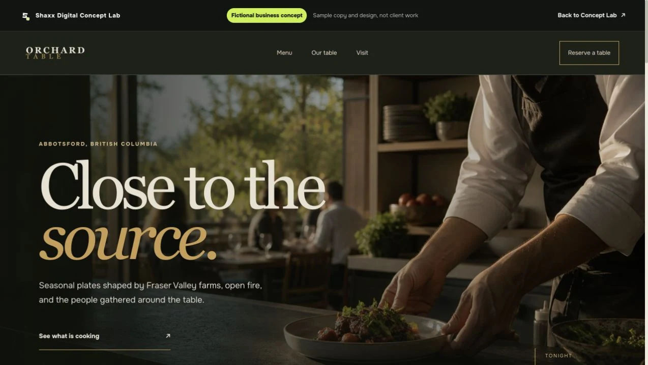 Live homepage preview of the fictional Orchard Table restaurant website concept