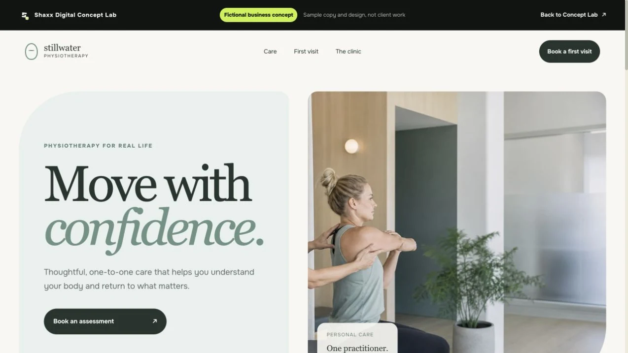 Live homepage preview of the fictional Stillwater Physiotherapy website concept