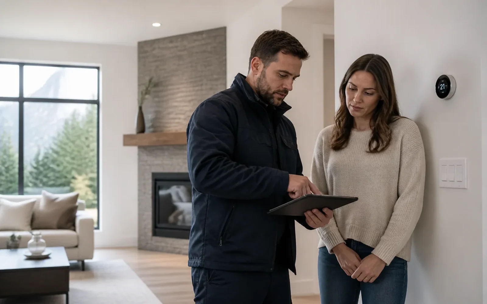 Heating technician explaining a thermostat reading and service report to a homeowner