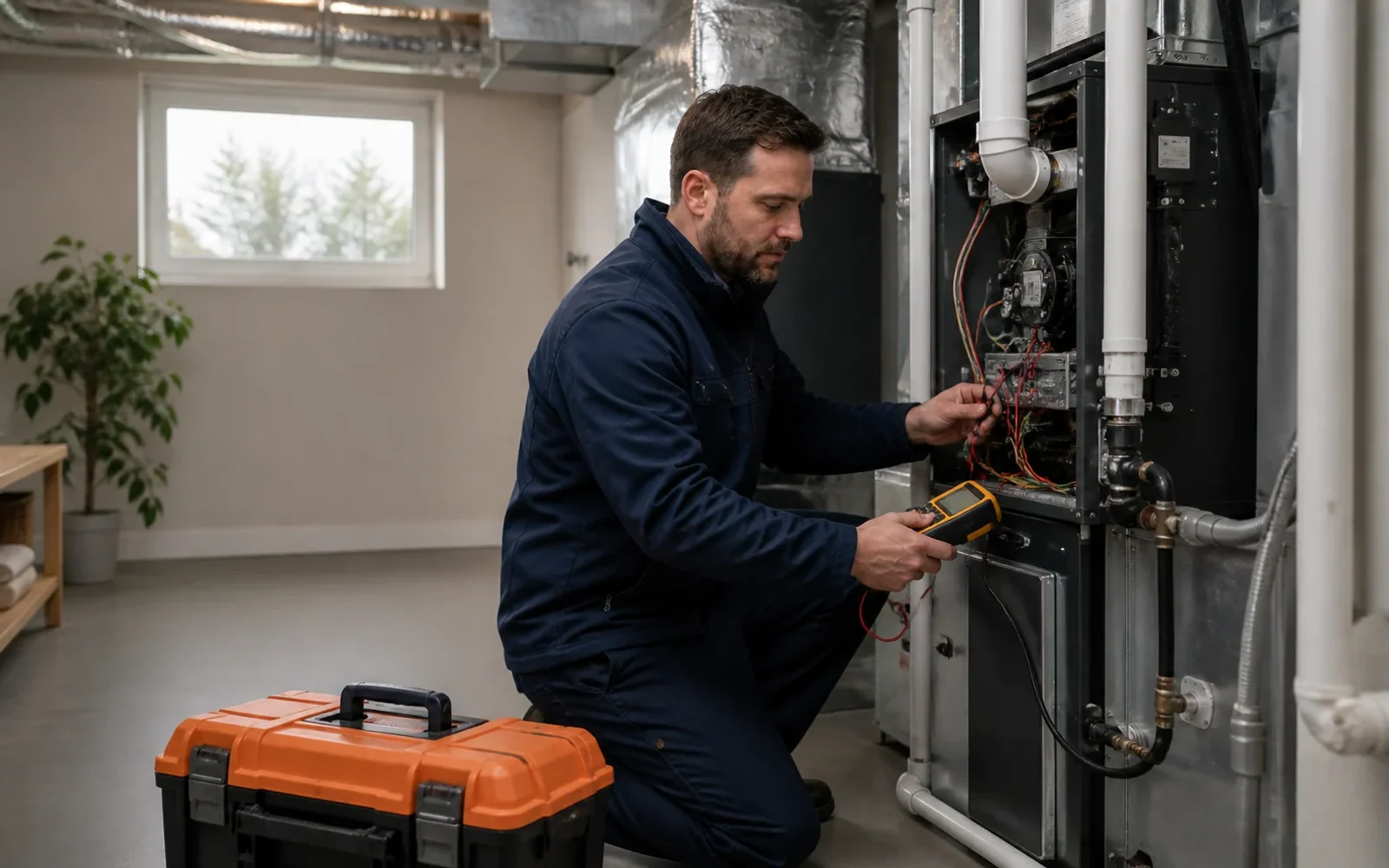 Residential heating technician diagnosing a furnace in a tidy mechanical room