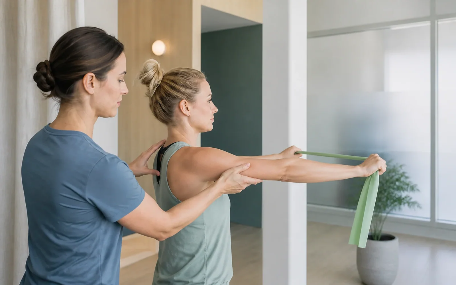 Physiotherapist coaching a resistance-band shoulder exercise from the side
