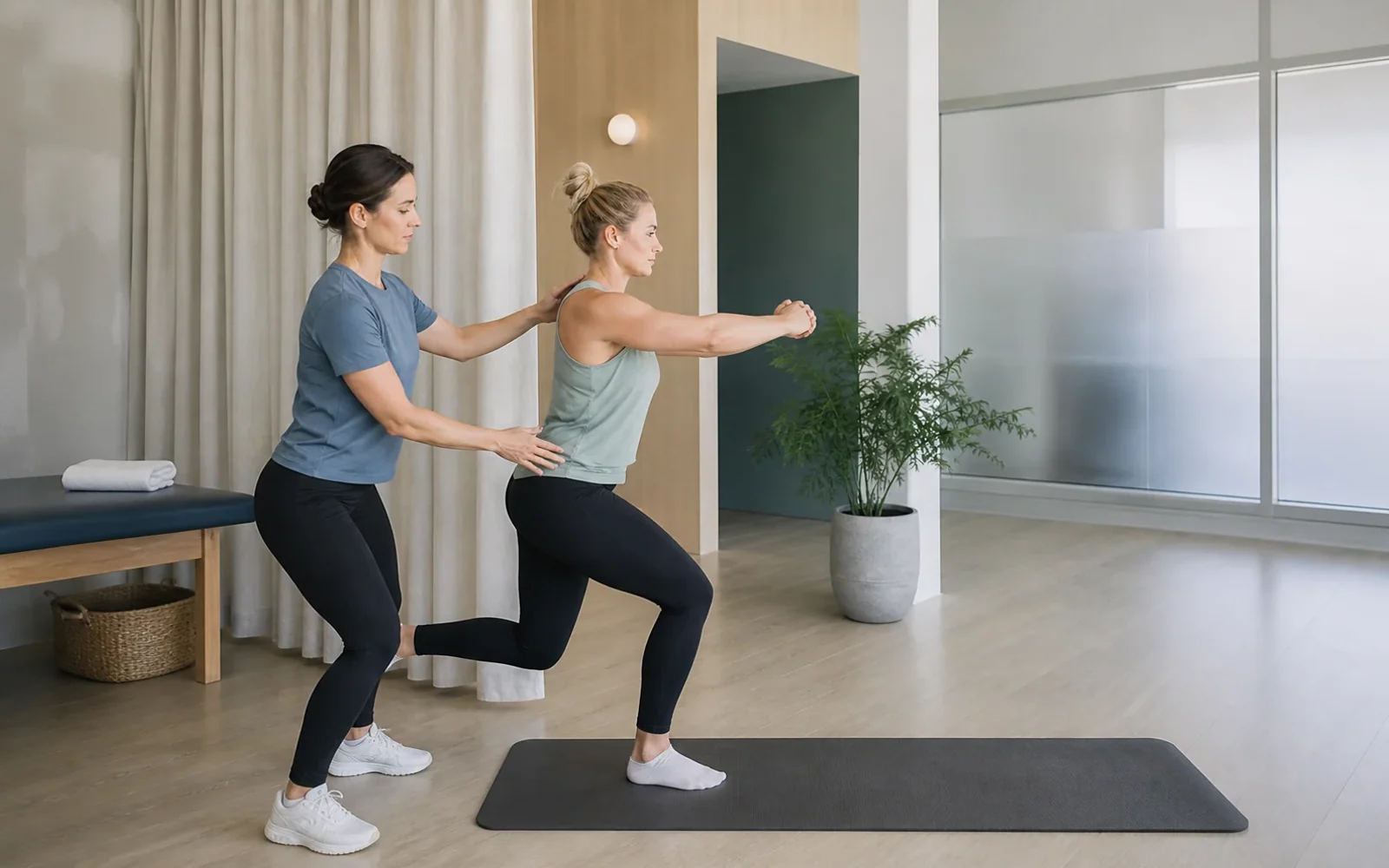 Physiotherapist guiding an athletic patient through a controlled rehabilitation movement