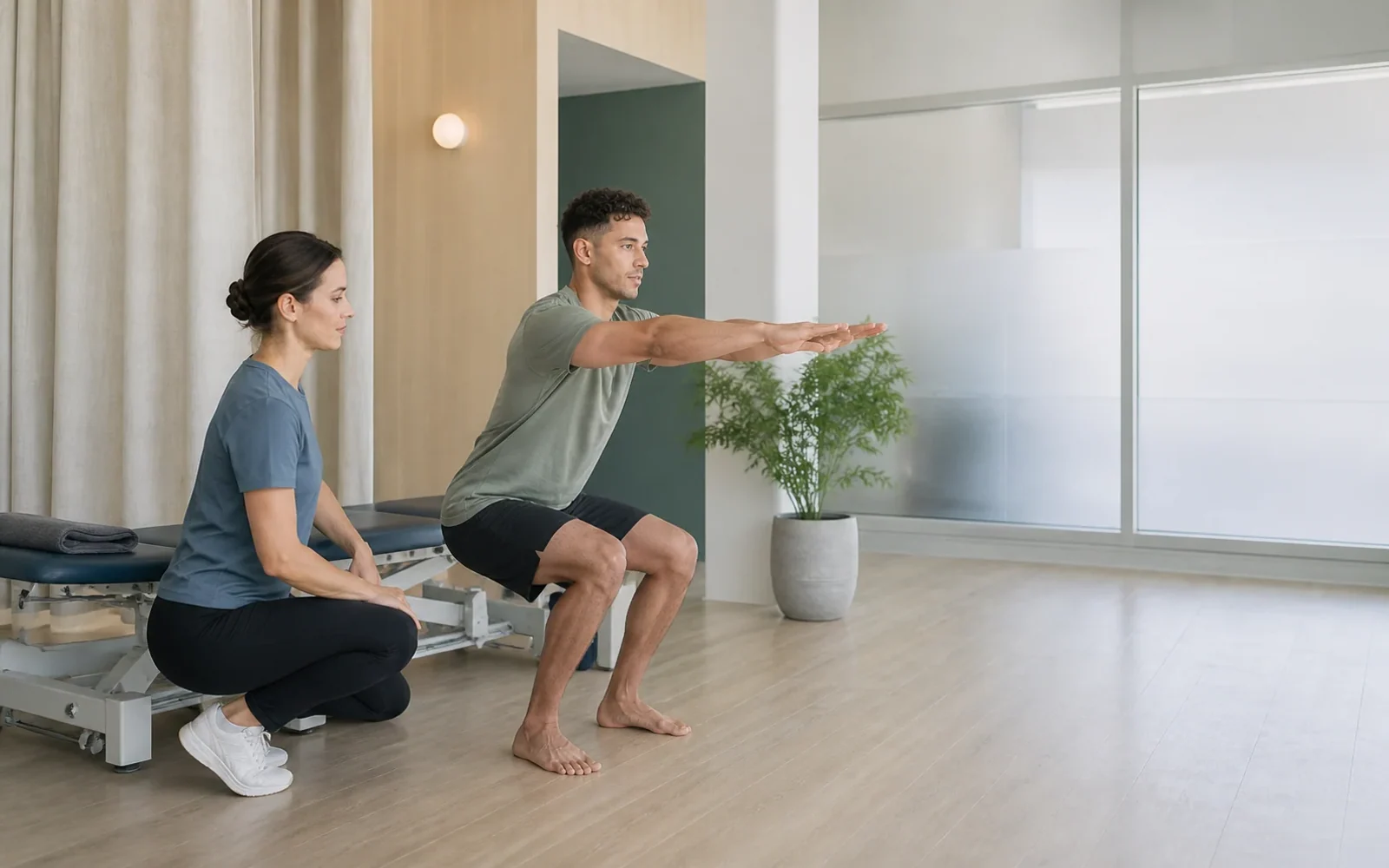Patient completing a supported movement assessment while a physiotherapist observes