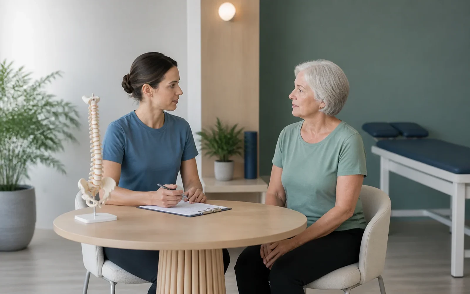 Physiotherapist discussing movement goals with an older adult patient before treatment